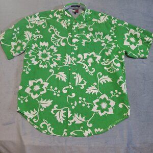 Tommy Hilfiger Men LG  Green and White Hawaiian Short Sleeve Vintage Shirt